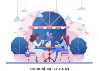 Girls in cafe flat vector illustration. Female friends in restaurant cartoon characters. Women drinking coffee and talking. People chatting in cafeteria. Ladies in coffeehouse. Bistro interior