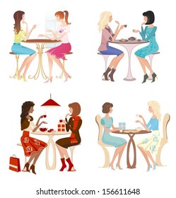 Girls at cafe. Four couples. Vector