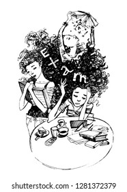 Girls in the cafe preparing for the exam. Vector. Hand-drawn illustration.