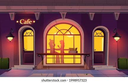 Girls in cafe, women silhouettes in window drink tea and talking inside of coffee shop, view form outside. Visitors relax in retro style cafeteria, evening building facade, Cartoon vector illustration