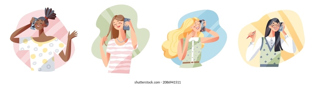 Girls call by mobile phone, woman calling and talking at home or office work vector illustration set. Cartoon female character holding telephone to talk, happy conversation social communication