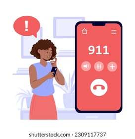 Girls calls 911 concept. Woman with smartphone calling number. Dangerous situations and emergency.