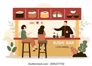 Girls came to eat traditional japanese food in cafe. Chef prepares various sushi and rolls for visitors. Seafood dishes. Women have lunch at sushi bar. Design of asian restaurant. Vector illustration