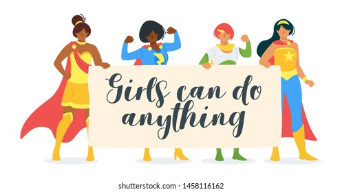 Girls can do anything motivational flat vector banner. Superpowered, strong, incredible women cartoon character design. Empowering female community, supporting feminist movement, society