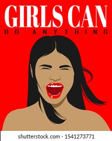 Girls can do anything. Vector hand drawn illustration of screaming girl isolated. Template for card, poster, banner, print for t-shirt, pin, badge, patch.