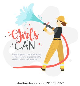 Girls can feminism concept. Female firefighter holding hose throwing water working. Vector flat cartoon illustration