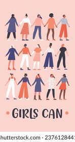 Girls can! Poster International Women's Day. Vector illustration with women different nationalities and cultures. Female diverse of different ethnicity poster. Women empowerment movement