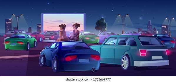 Girls at car cinema. Couple of friends in drive-in theater with automobiles stand in open air city parking at night. Women sit on auto roof watching movie, eating popcorn, Cartoon vector illustration