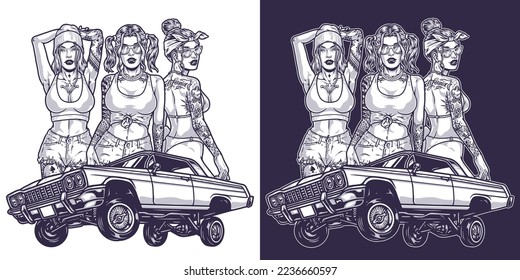 Girls and car monochrome element lowriding concept with tattooed female models in seductive clothes or bikini and automobile vector illustration svg