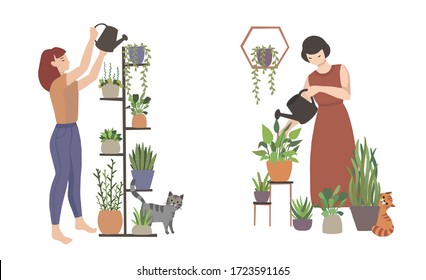 Girls caring for house plants in home garden with cat. Daily life and everyday routine scene by young woman vector illustration.