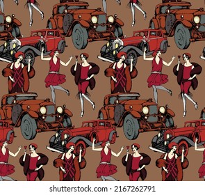 Girls and cars in retro style. Seamless pattern. Natural colors. Fashion textiles, fabric, packaging.