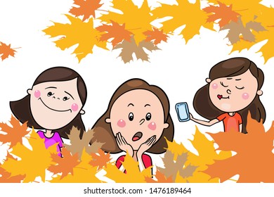 Girls, cartoon characters, on a background of yellow maple leaves, autumn background, set of drawing in vector