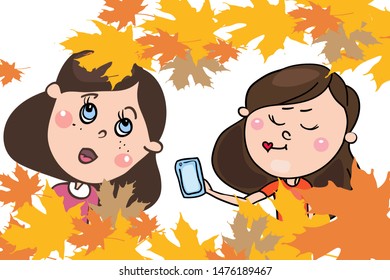 Girls, cartoon characters, on a background of yellow maple leaves, autumn background, set of drawing in vector