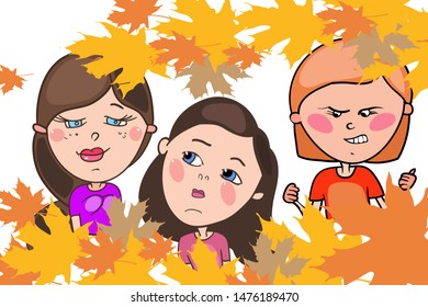 Girls, cartoon characters, on a background of yellow maple leaves, autumn background, set of drawing in vector