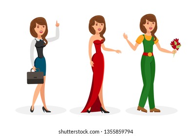 Girls Cartoon Vector Isolated Color Characters Set. Formal, Evening, Casual Dress Code, Outfit. Business Woman with Suitcase and Raised Index Finger. Elegant Lady in Evening Gown. Gardener and Flowers