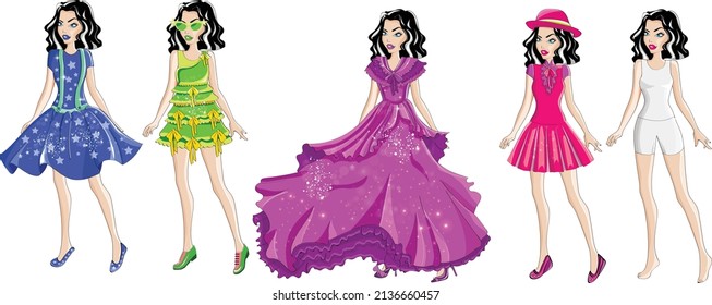 Girls cartoon wearing evening dresses-Vector girl summer outfit