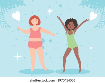 girls cartoons with hands up and hearts