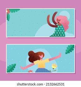 girls cartoons in labels on pink background