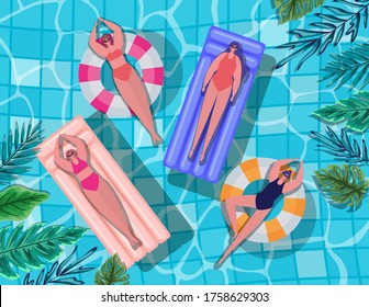 girls cartoons on floats at pool with leaves top view design, Summer vacation and tropical theme Vector illustration