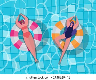 girls cartoons on floats at pool top view design, Summer vacation and tropical theme Vector illustration