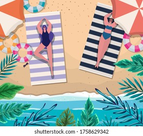 girls cartoons on towels with floats at beach top view design, Summer vacation and tropical theme Vector illustration