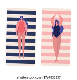 Girls cartoons with swimsuits and glasses on towels design, Summer vacation tropical relaxation outdoor nature tourism relax lifestyle and paradise theme Vector illustration
