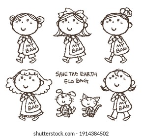 Girls, a cat and a dog carrying a eco friendly grocery shopping bag,  save the earth