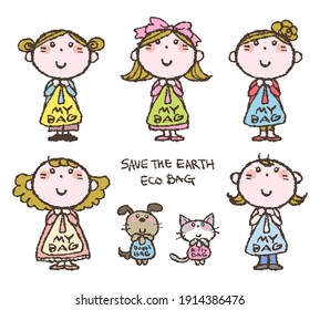 Girls, a cat and a dog carrying a eco friendly grocery shopping bag,  save the earth
