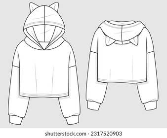 Girls Cat Hoodie Fashion Technical Flat Sketch Mock Up