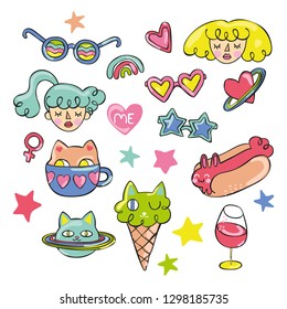 Girls, cat, hot dog, stars. Doodle Set. Isolated vector objects on white background.