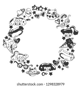 Girls, cat, hot dog, stars. Doodle Set. Round frame. Wreath. Isolated vector objects on white background.