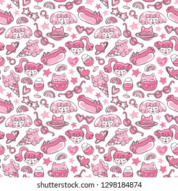 Girls, cat, hotdog, ice cream, stars. Doodle Seamless vector pattern (background).