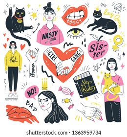 Sammlung von Mädchen und Katzen. Vektorgrafik feministischer Symbole, Mädchen und lustig wütender Katzen im Doodle-Stil. Einzeln auf weißem Hintergrund.