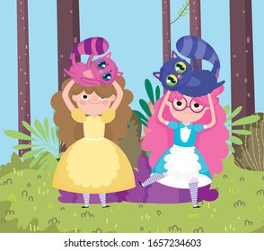 girls with cats foliage vegetation forest in wonderland vector illustration