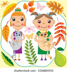 Girls with cats on the background of autumn herbarium of leaves, vegetables and fruits. For printing on children's ceramics, tiles, fabrics.