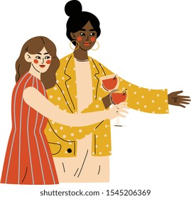 Girls Celebrating an Important Event, Young Women Standing Together with Glasses of Wine Vector Illustration