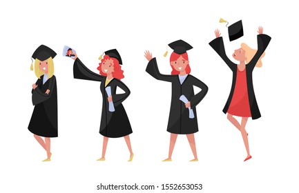 Girls Celebrating The Receiving Or Conferring Of An Academic Degree Or Diploma Vector Illustration Set Isolated On White Background