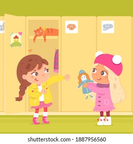 Girls Changing Clothes At Lockers In Kindergarten. Little Kids With Doll Putting On Coat In Winter Vector Illustration. Locker With Open Door. Preschool Children Together.