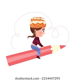 Girls character with a cinnamon bun on her head flies on a pencil. Vector illustration