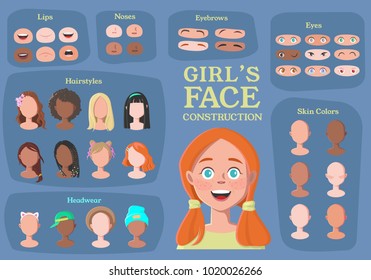 Girl's Character Constructor. From Student to Hipster. Cartoon Girl Face Parts Creation Spare Parts. Cartoon Style Faces. Body Part. Vector Illustration