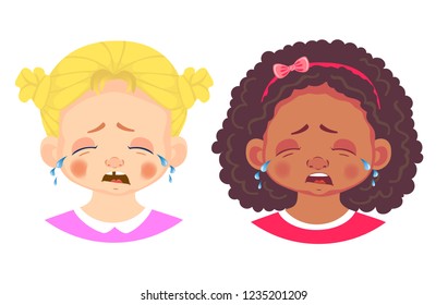Girls character set. Emotions of children face. Girl face vector illustration