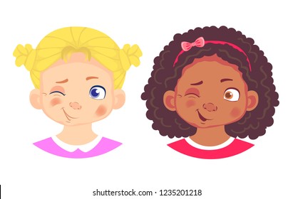 Girls character set. Emotions of children face. Girl face vector illustration