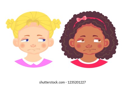 Girls character set. Emotions of children face. Girl face vector illustration