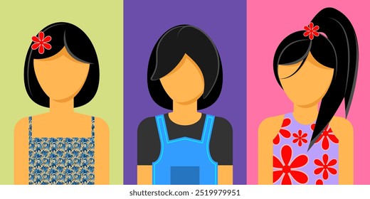 Girls characters avatars set. Girls face portraits. Females with fashion hairstyles. Flat graphic vector illustrations isolated.