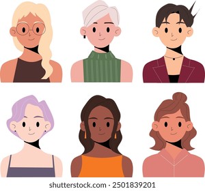 Girls characters avatars set. Portraits of smiling young women face. Employee avatar, professional person profile. Flat graphic vector illustrations.