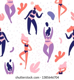 Girls characters in different poses seamless pattern. Woman body positive illustration.