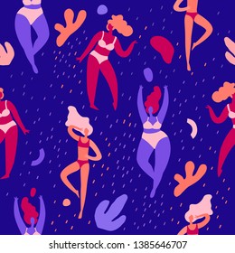 Girls characters in different poses seamless pattern. Woman body positive illustration.