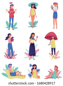 Girls Characters Doing Different Activities Vector Illustrations Set. Young Female Carrying Gift Box and Reading Book