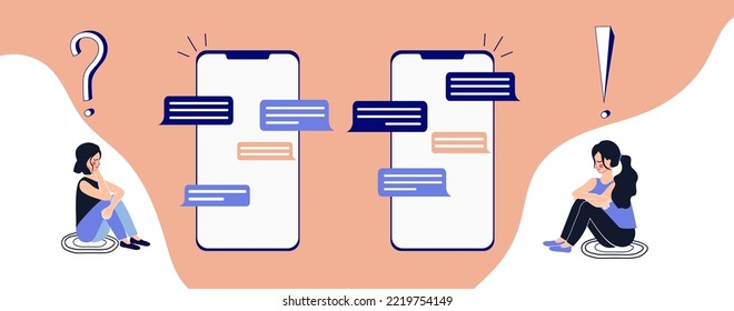 Girls chatting by phone. Online conversation. Messages. Young women communicate on the internet. Network meeting, conversation, event.