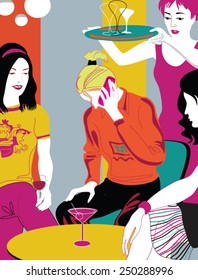 Girls chatting in cafeteria.